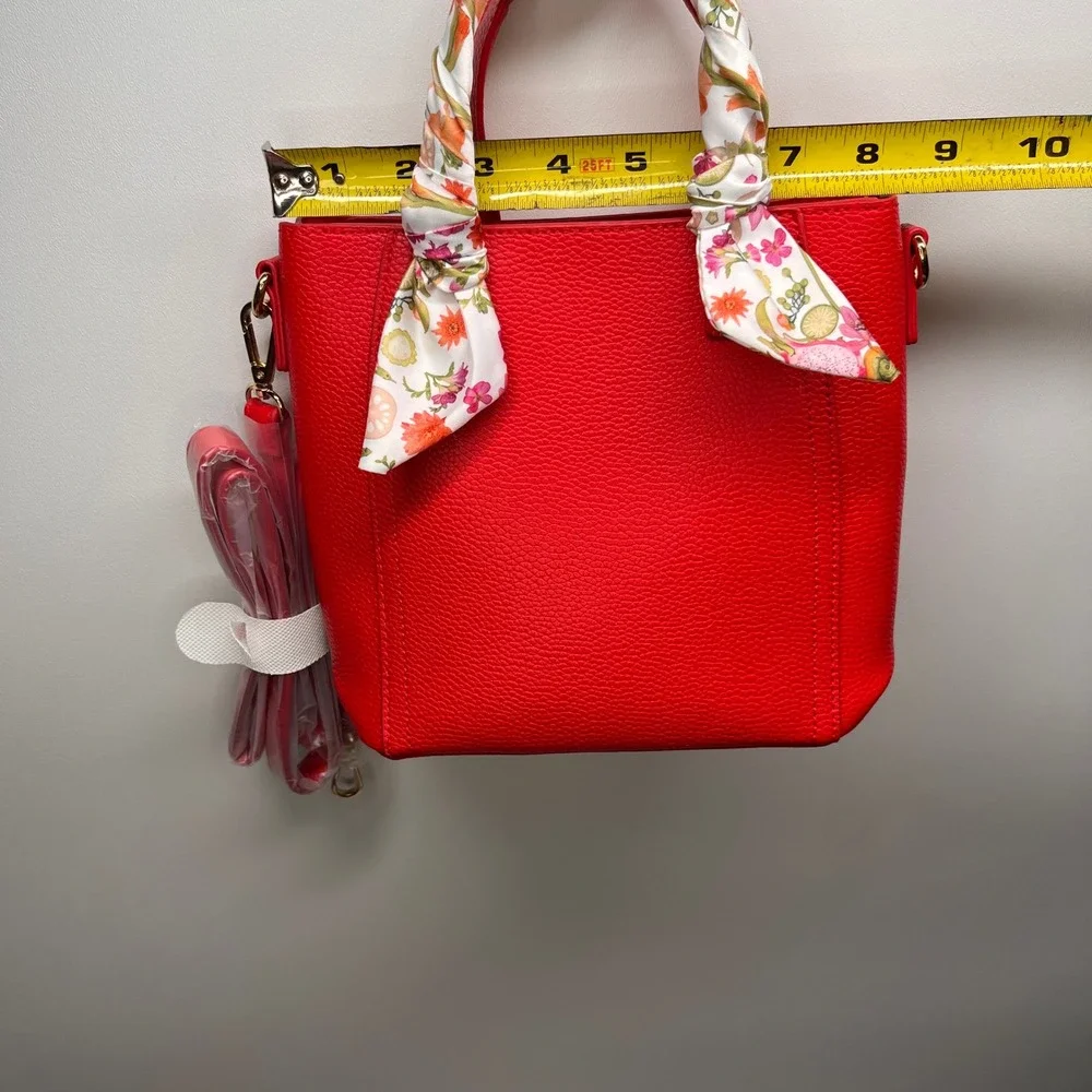 Red Pebbled Leather‎ Tote Bag with Floral Scarf Top Handle Detachable Strap